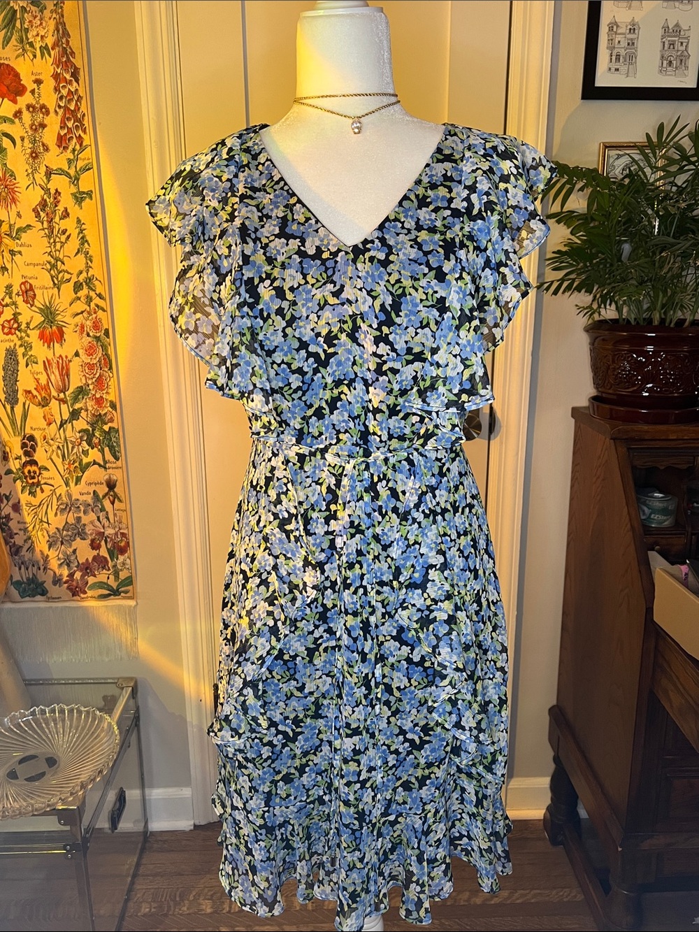 Tommy Hilfiger Blue Floral V-Neck Ruffle Midi Dress